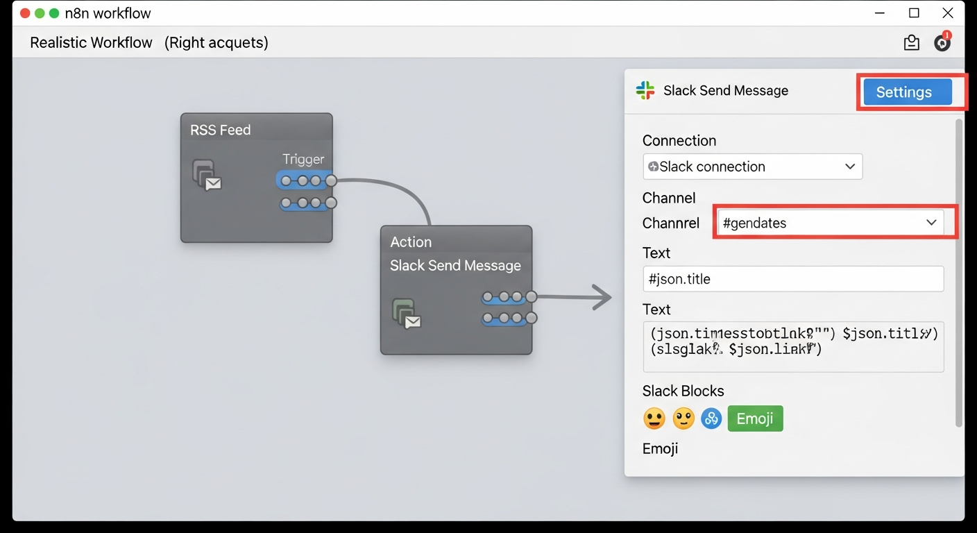 RSS 피드를 트리거로 하고 Slack 알림 액션이 연결된 n8n 워크플로우 에디터 화면