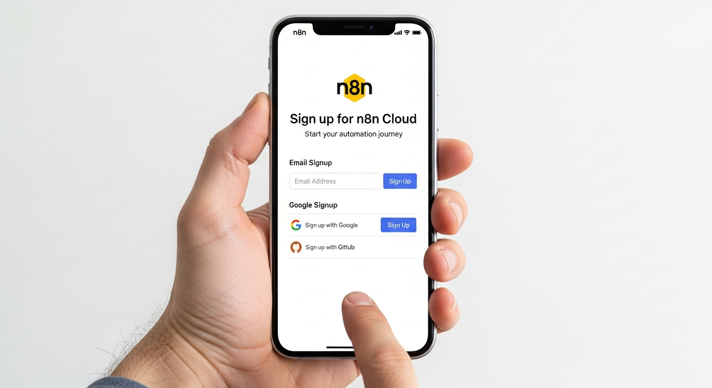 n8n 클라우드 가입 페이지가 표시된 스마트폰 화면